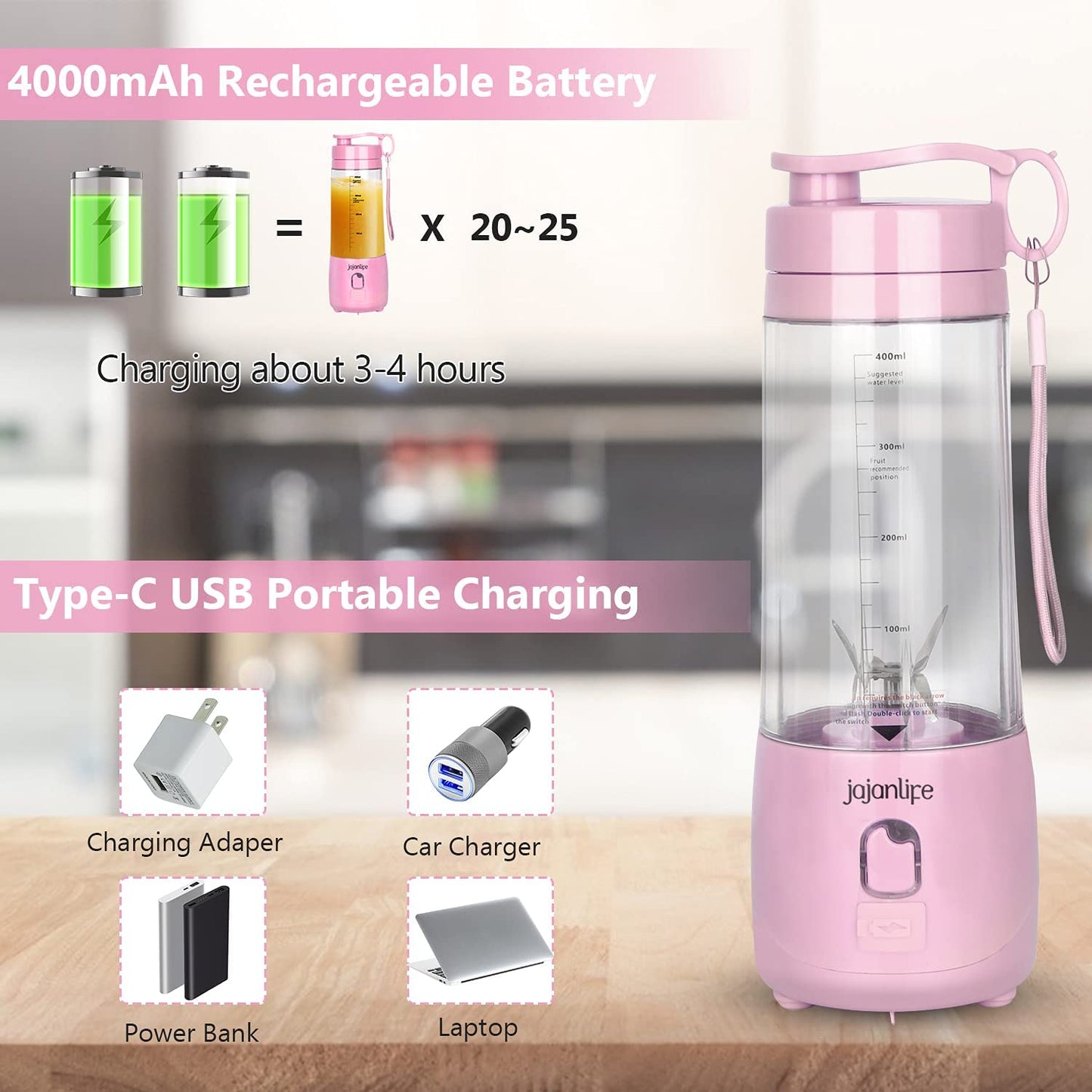 Portable Blender Personal Size Blender for Shakes and Smoothies 4000Mah Rechargeable Mini Travel Blender with 3D Six Blades 13.5Oz Fruit Mixer Cup for Home, Sports, Outdoor (Pink)