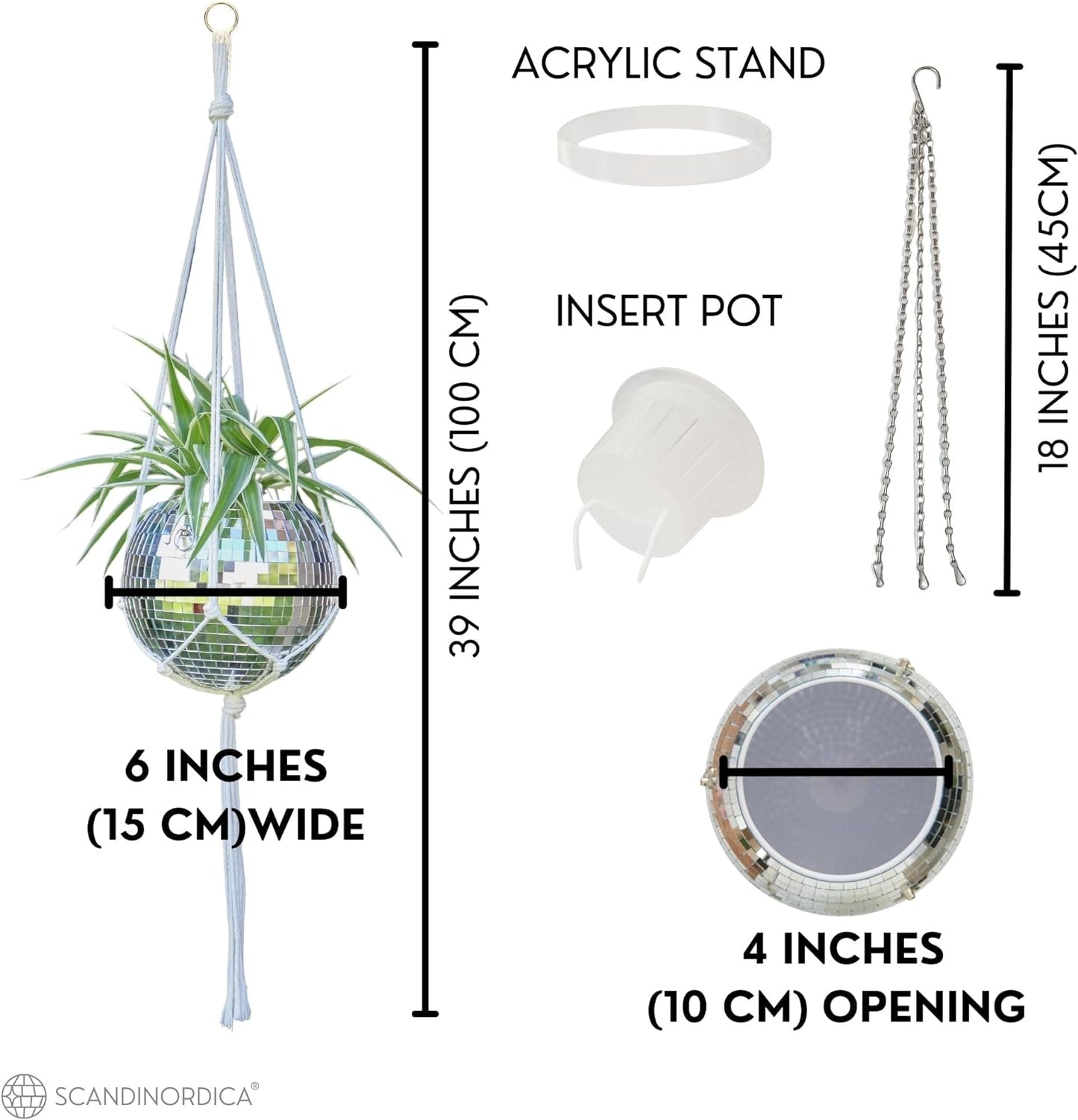 Disco Ball Planter – Value Package: Mirror Disco Planter with Chain, Macrame Hanger and Acrylic Stand for Desk, Includes Self Watering Insert, Disco Ball Decor | 6 Inch Silver