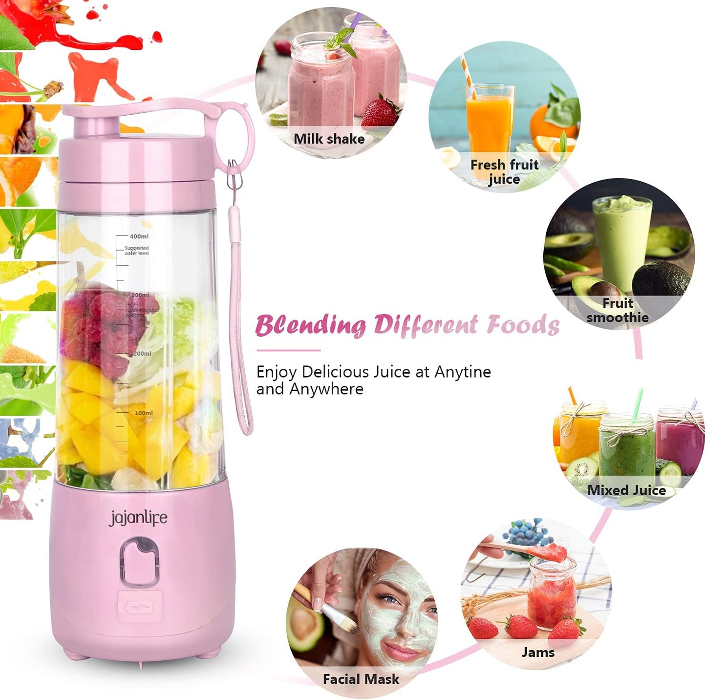 Portable Blender Personal Size Blender for Shakes and Smoothies 4000Mah Rechargeable Mini Travel Blender with 3D Six Blades 13.5Oz Fruit Mixer Cup for Home, Sports, Outdoor (Pink)