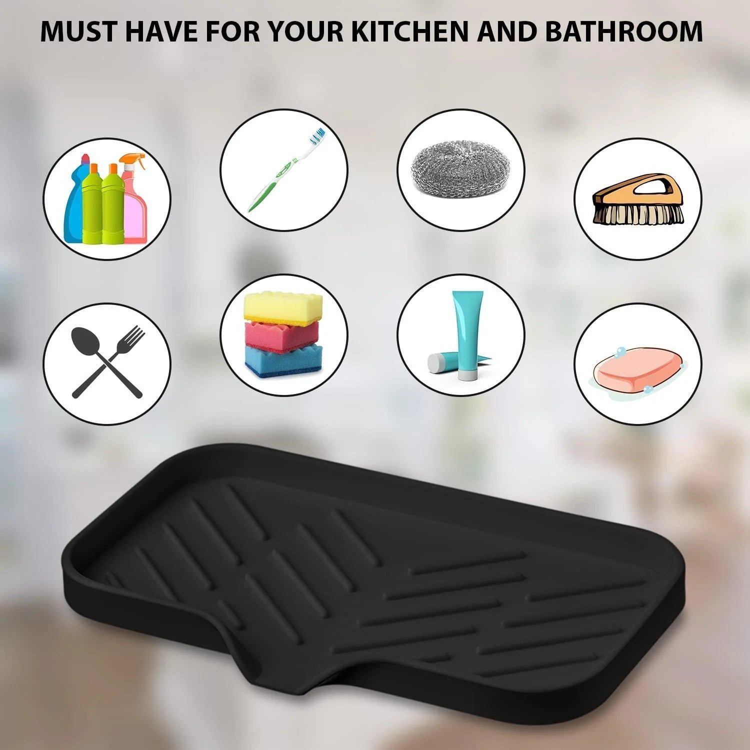 Black Silicone Sink Tray for Dish Sponge Holder Sink Organizer Soap Holder 1 Pc