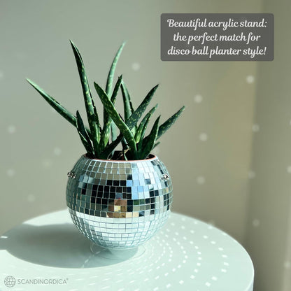 Disco Ball Planter – Value Package: Mirror Disco Planter with Chain, Macrame Hanger and Acrylic Stand for Desk, Includes Self Watering Insert, Disco Ball Decor | 6 Inch Silver